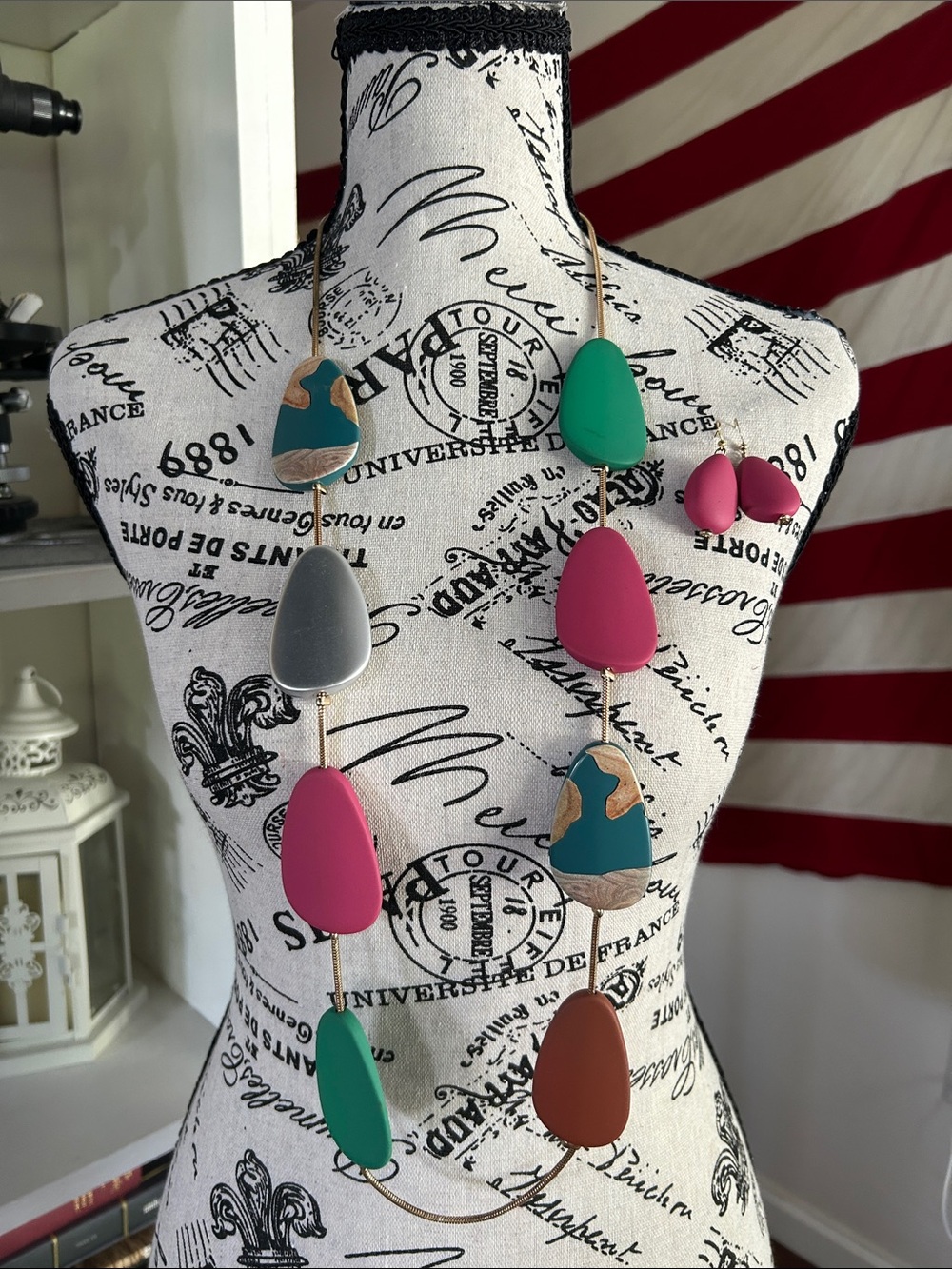 Colorful Teardrop Statement Necklace and Earring Set - Pink, Teal, Gray, Brown
